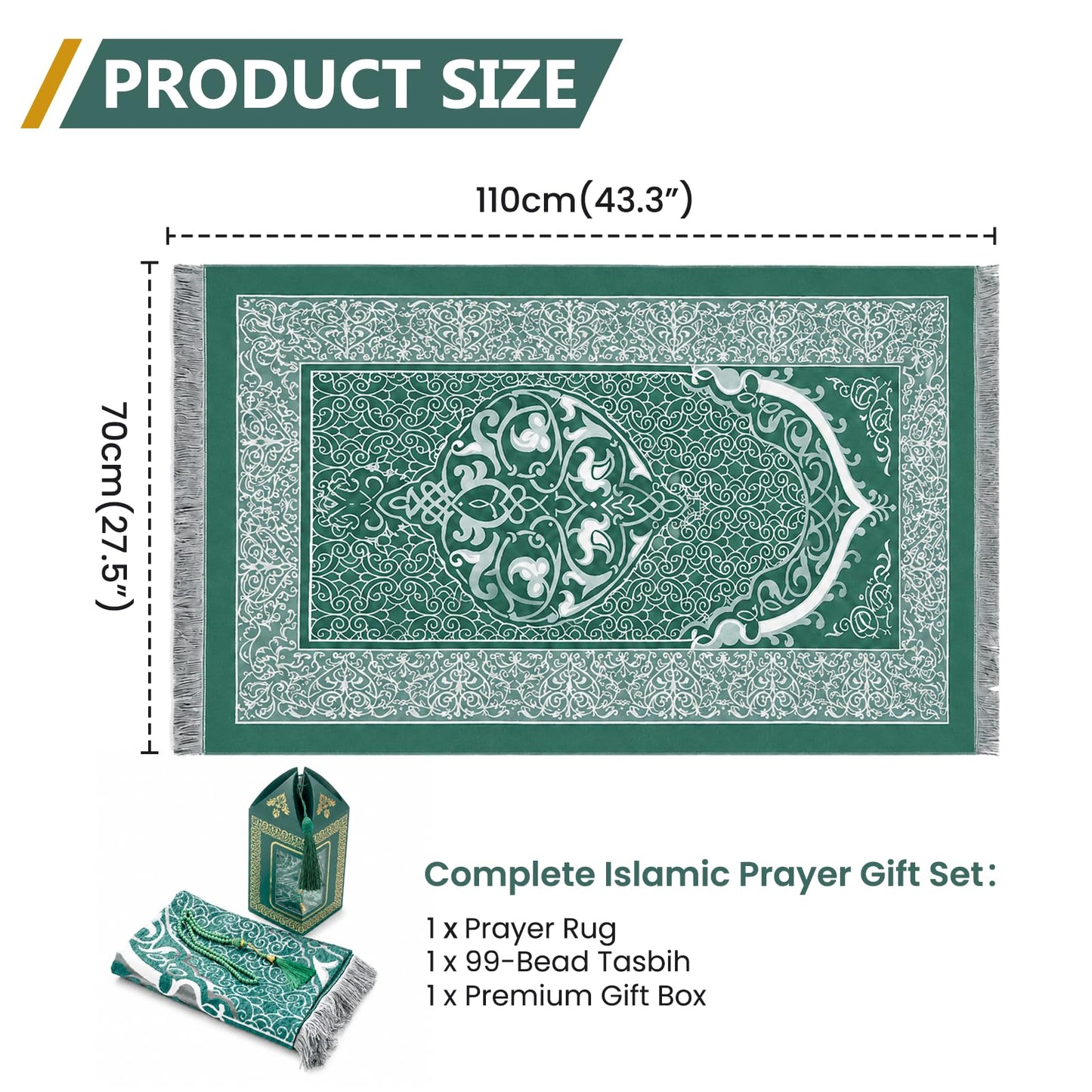 Shine123 Muslim Prayer Rug with 99-Bead Tasbih, Soft Islamic Prayer Mat Sajadah for Daily Salah, Ramadan Eid Gifts for Men Women, Foldable Janamaz Prayer Rug