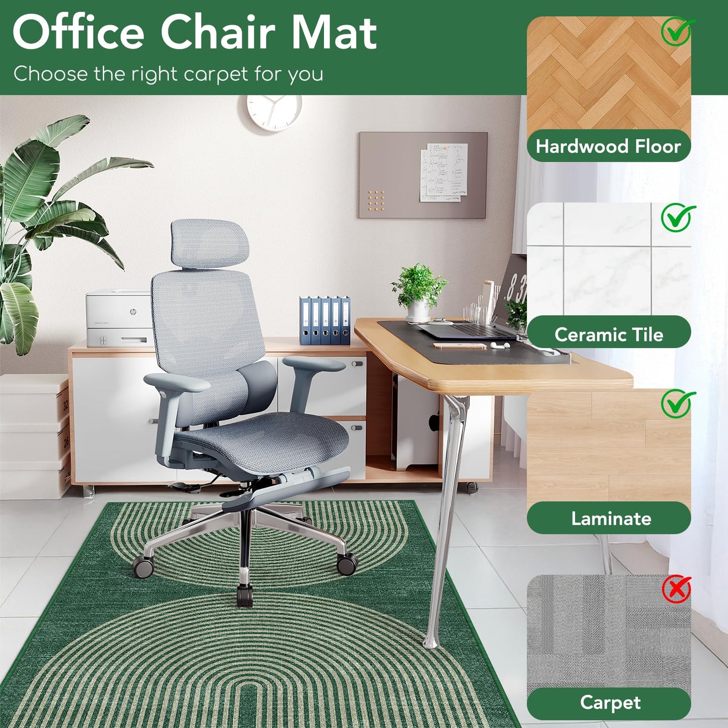 Office Chair Mat for Hardwood Floor&Tile Floor,48"X 60" Heavy Duty Desk Chair Mat for Hard Floors,Under Desk Rug for Rolling Computer Chair,Anti Slip,Low Pile Carpet Floor-Geo Green