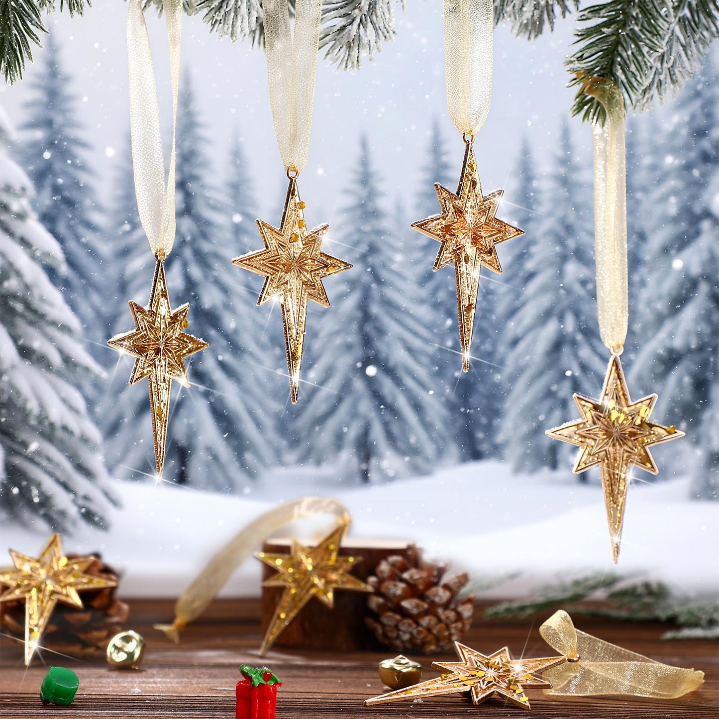 Soulchen 8 Pcs Christmas in July Bethlehem Star Ornament 3.15 x 1.97 Inch Metal Glitter Star of Bethlehem Ornaments Summer Christmas Tree Topper Nativity Decor for Xmas Party Decor(Gold)