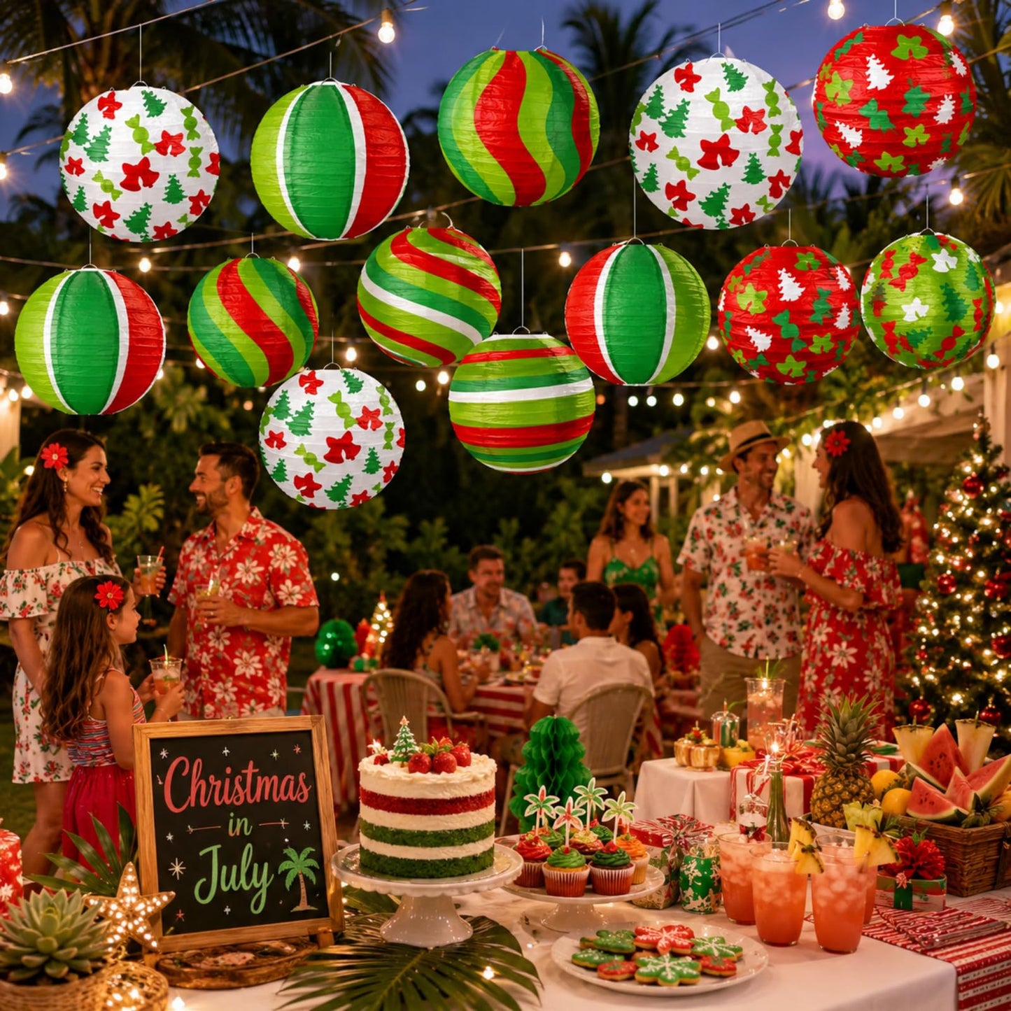 ADLKGG 12PCS Christmas Paper Lanterns Decorations - Hanging Xmas Lanterns with Trees, Bells, Stripes Patterns for Christmas in July & Winter Holiday Party Supplies, Home Patio Classroom Decor
