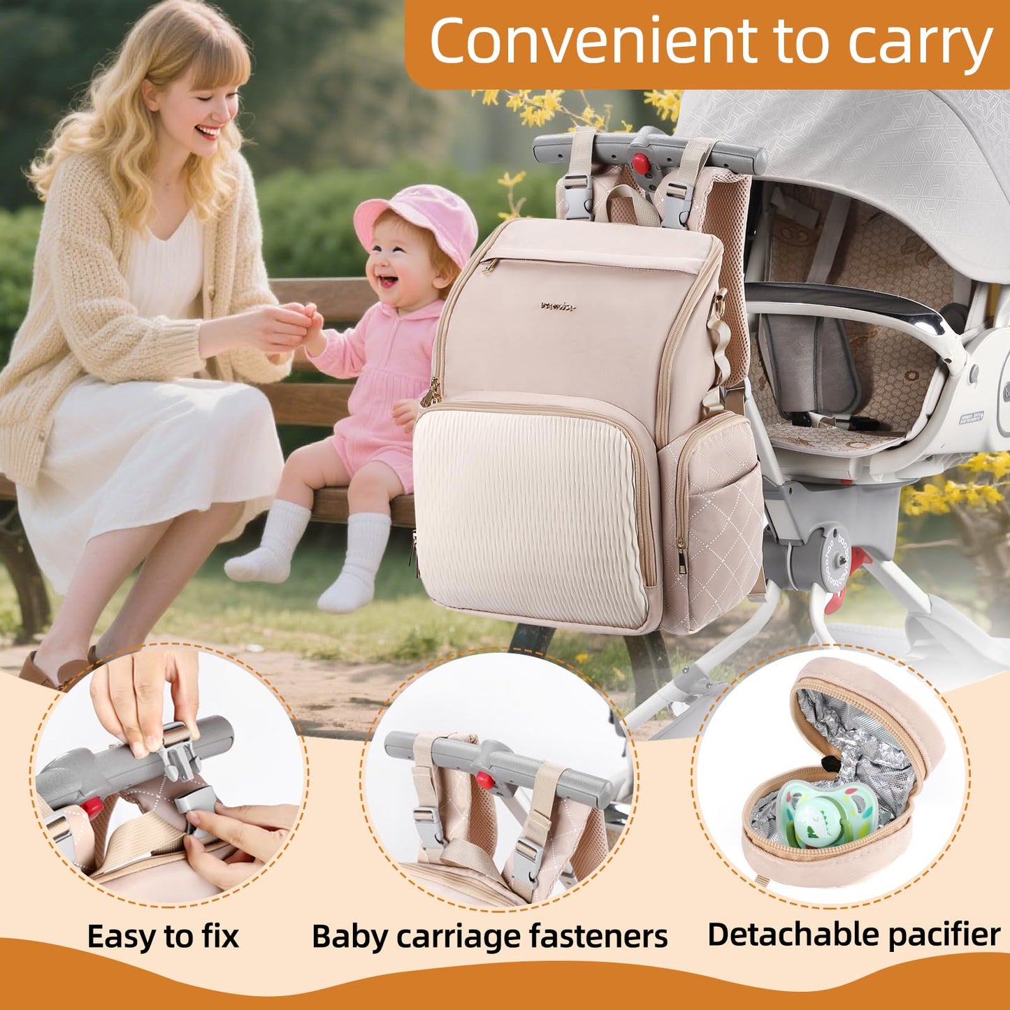 vosmles Stylish Baby Diaper Bag, Baby Bag with Changing Pad, Pacifier Case& Stroller Straps, Large Diaper Backpack Boy Girl, Water Resistant Travel Diaper Backpack for Mom Dad