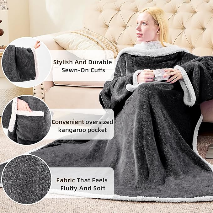 IFNOW Sherpa Wearable Blanket with Sleeves for Women Men Adults, Cozy Wearable Blanket with Arm and Pocket, Warm Full Body TV Wrap Throw Blanket, Soft Robe Blanket as Gifts for Mom Wife, Black
