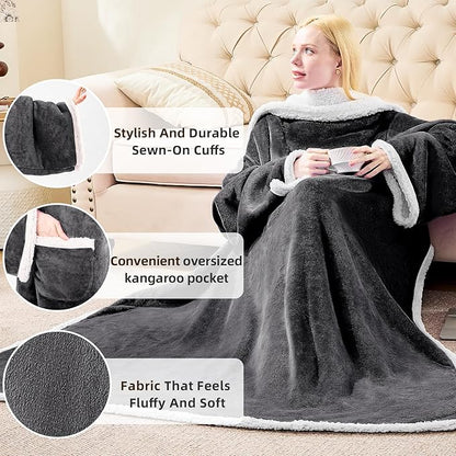 IFNOW Sherpa Wearable Blanket with Sleeves for Women Men Adults, Cozy Wearable Blanket with Arm and Pocket, Warm Full Body TV Wrap Throw Blanket, Soft Robe Blanket as Gifts for Mom Wife, Black