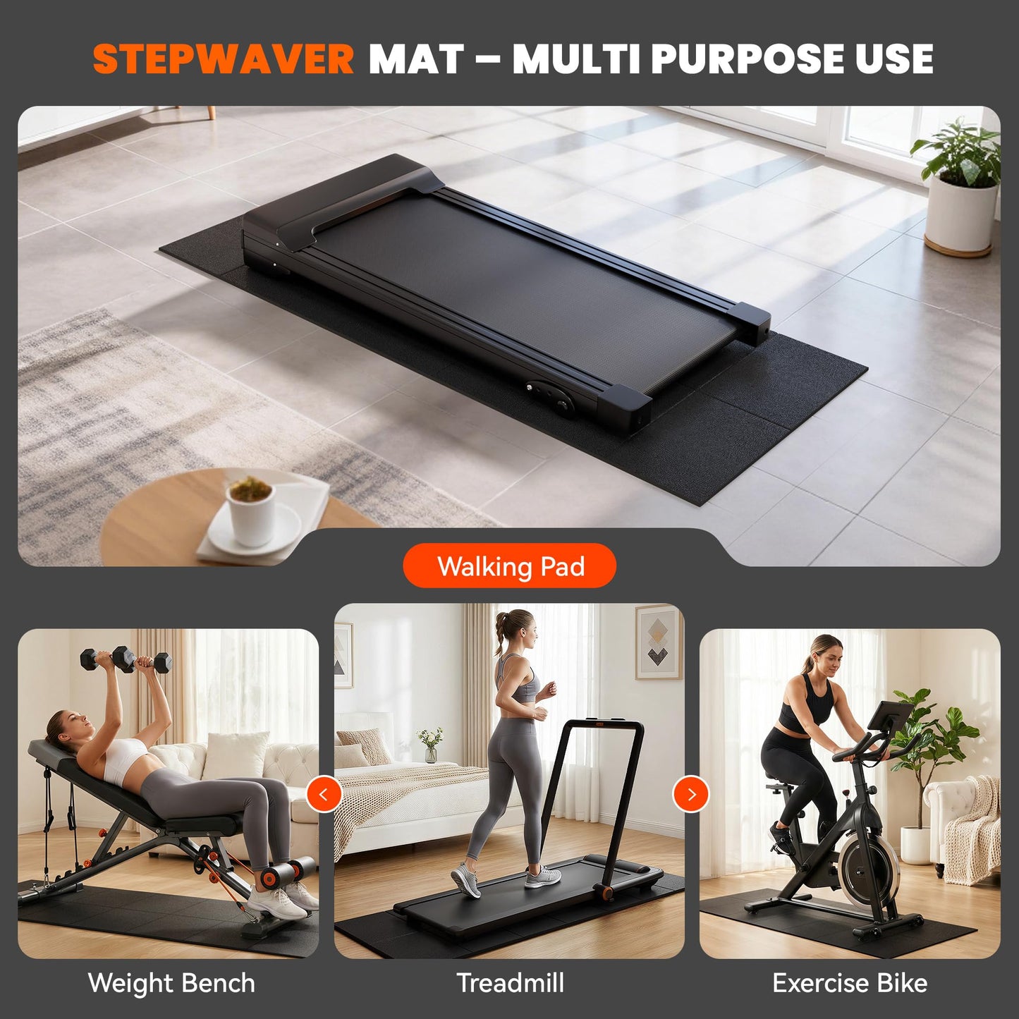 Stepwaver Walking Pad Mat for Carpet, Treamill Mat for Hardwood Floors, High Density, 1/4 Thickness, Folable, Floor Protection for Bike, Elliptical, Treadmill