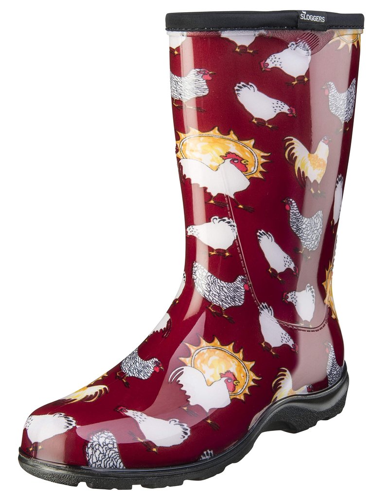 Sloggers Waterproof Garden Rain Boots for Women - Cute Mid-Calf Mud & Muck Boots with Premium Comfort Support Insole, (Chickens Barn Red), (Size 10) - Made in USA with US and Imported Parts
