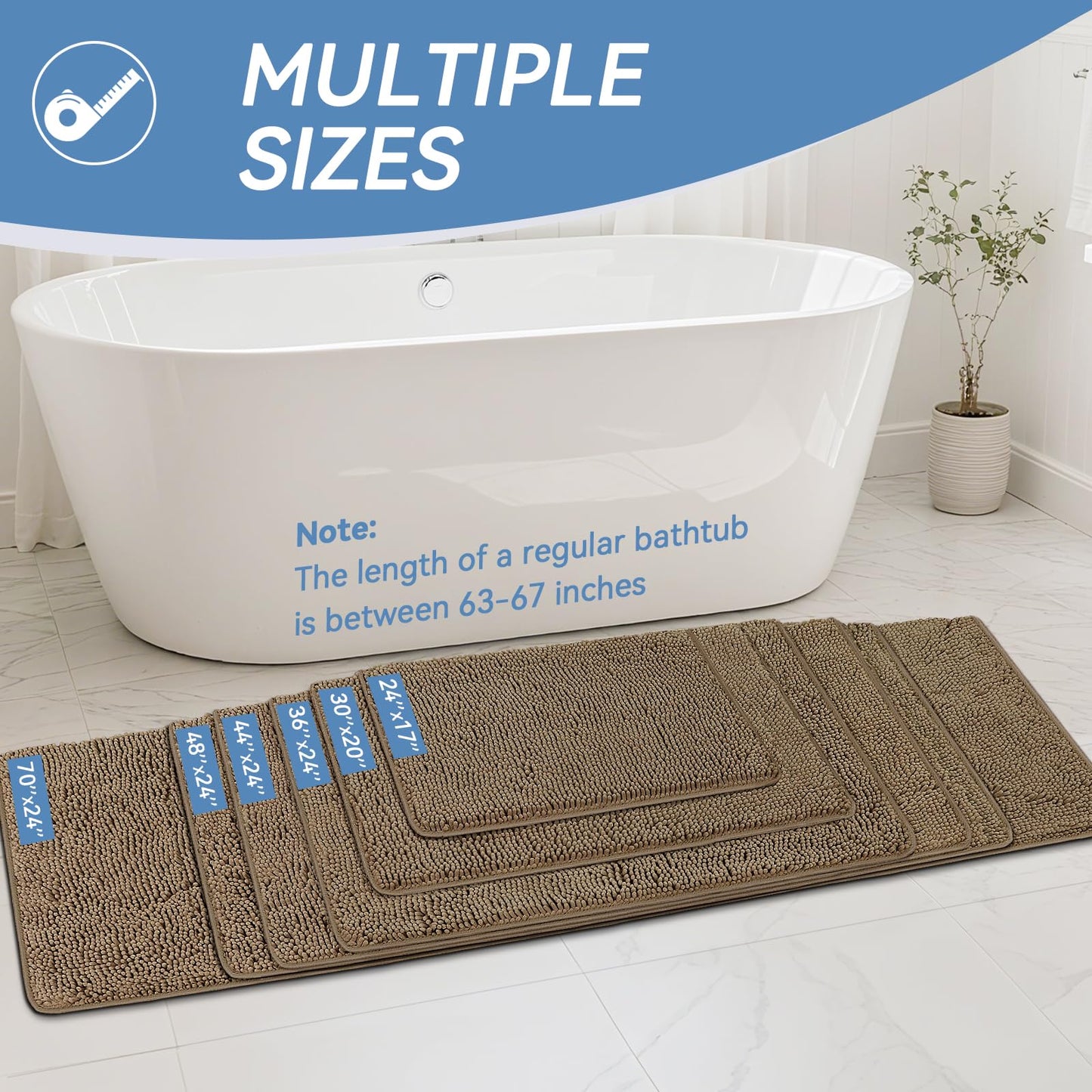 Bcoimo 44x24 Chenille Bath Mat – Non-Slip with Backing Bath Rug Ultra-Absorbent and Machine Washable Bathroom Mat Quick-Dry Design. Ideal for Bathroom Shower and Tub Areas