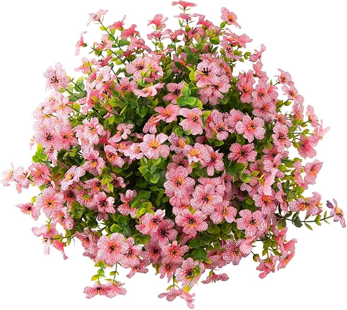 Outdoor Artificial Flowers, 8 Bundles Fake Flowers Summer Decoration, No Fade Faux Plastic Shrubs for Garden Patio Porch Window Box Decor (Pink)