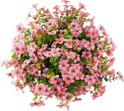 Outdoor Artificial Flowers, 8 Bundles Fake Flowers Summer Decoration, No Fade Faux Plastic Shrubs for Garden Patio Porch Window Box Decor (Pink)