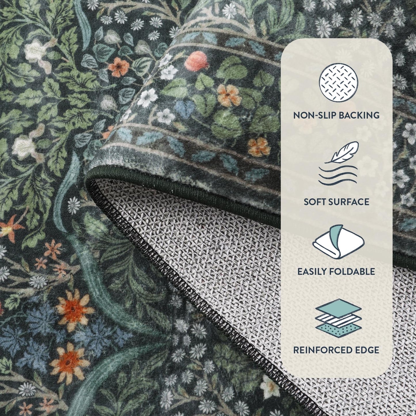 Lahome Dark Green Bedroom Rugs 5x7, Soft Washable Rugs for Dining Room, Boho Non Slip Low Pile Forest Stain Resistance Floral Carpet for Living Room Office Giverny, Dark Green