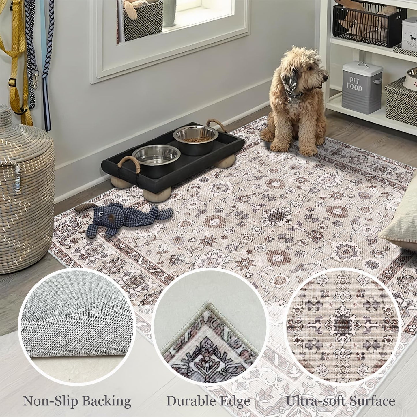 Washable 3x3 Square Rug for Entry Bathroom Kitchen Bedroom Carpet - Non Slip Stain Resistant Low Pile Soft Door mat - Protect Hardwood and Laminate Flooring Floral Farmhouse Decor 3x3 Beige