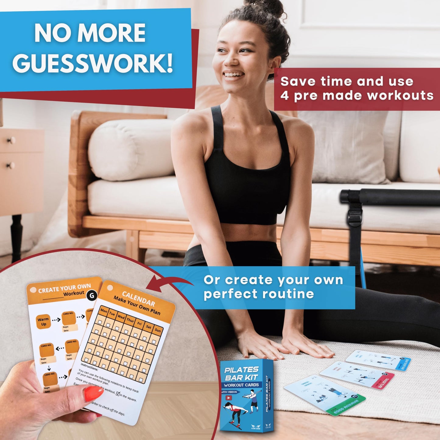 Pilates Bar Kit Workout Cards – 62 Exercise Cards Deck with Videos & Workout Plan - Includes 8-Week Challenge, Chart & 2 Rings for Easy Organization - Home Exercise Bar Guide for Women & Men