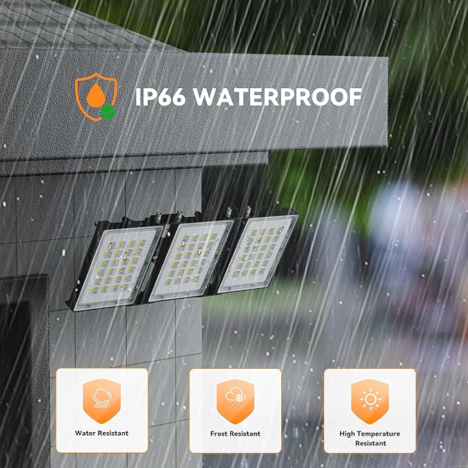 300W LED Outdoor Flood Light, 30000LM Super Bright Stadium Light, 6000K Daylight White, IP66 Waterproof 3 Heads Adjustable Outdoor Floodlights for Backyard, Court, Garden