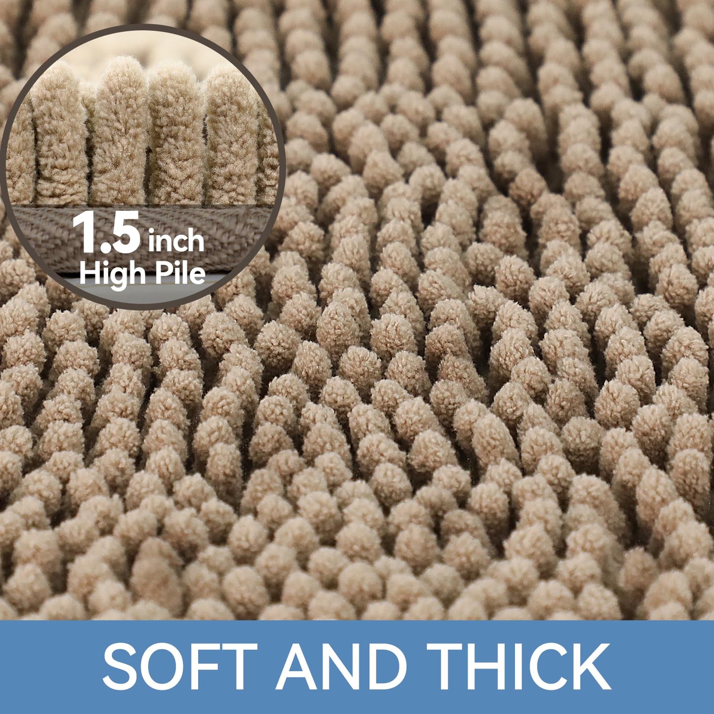 Bcoimo 44x24 Chenille Bath Mat – Non-Slip with Backing Bath Rug Ultra-Absorbent and Machine Washable Bathroom Mat Quick-Dry Design. Ideal for Bathroom Shower and Tub Areas