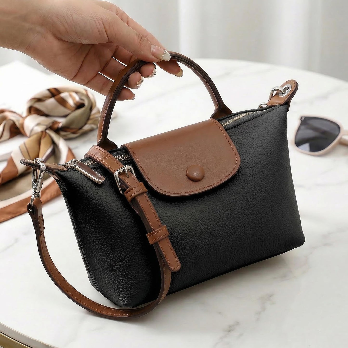 sagact Chic Dumpling Crossbody Bag for Women - Soft Vegan Leather Side Sling Pouch with Anti-Theft Hidden Pocket - Lightweight Mini Messenger Purse for Travel, Shopping and Daily Use (8.66" x 5.12")