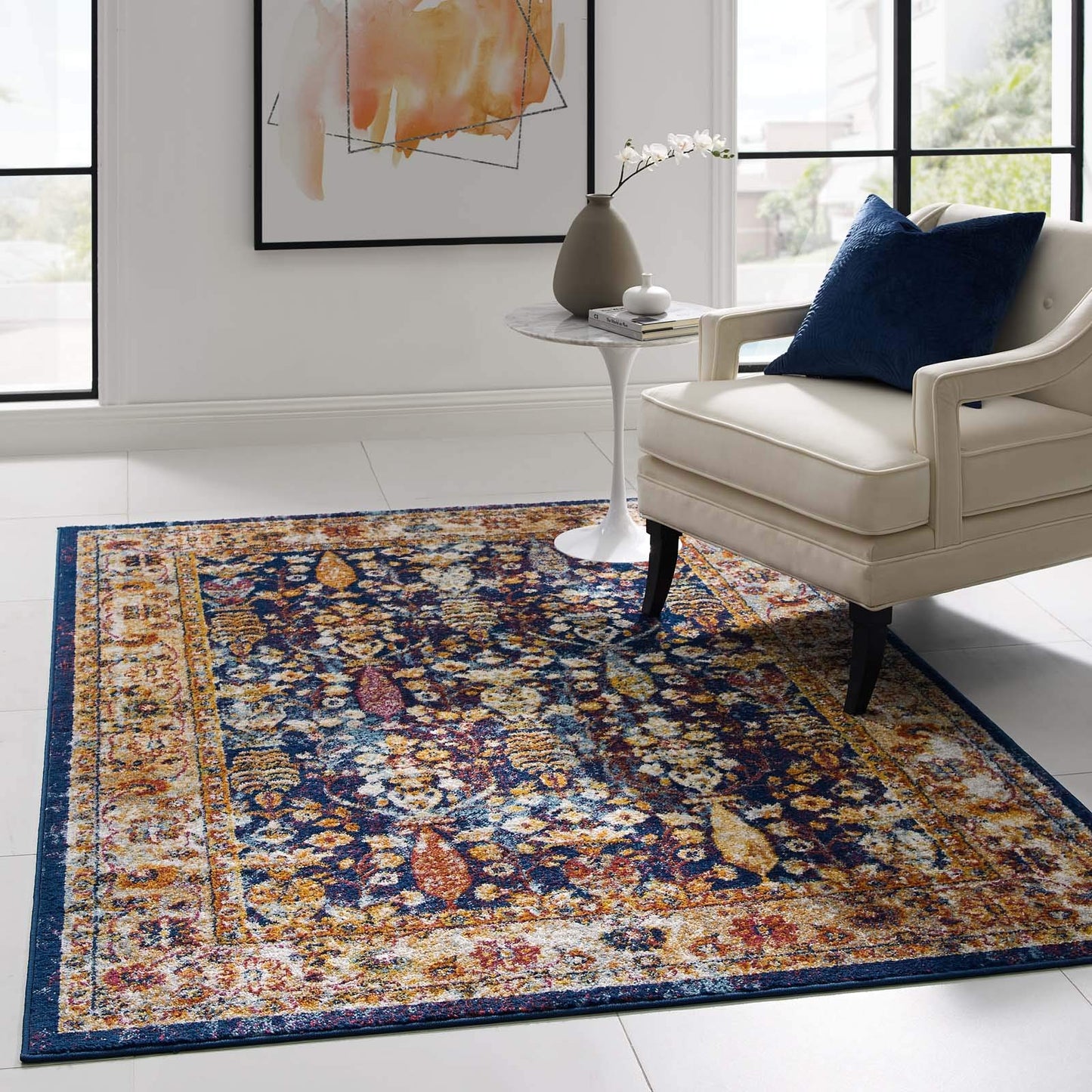 Modway Entourage Jessa Distressed Vintage Floral Lattice Area Rug, 5x8, Blue, Orange, Yellow, Red