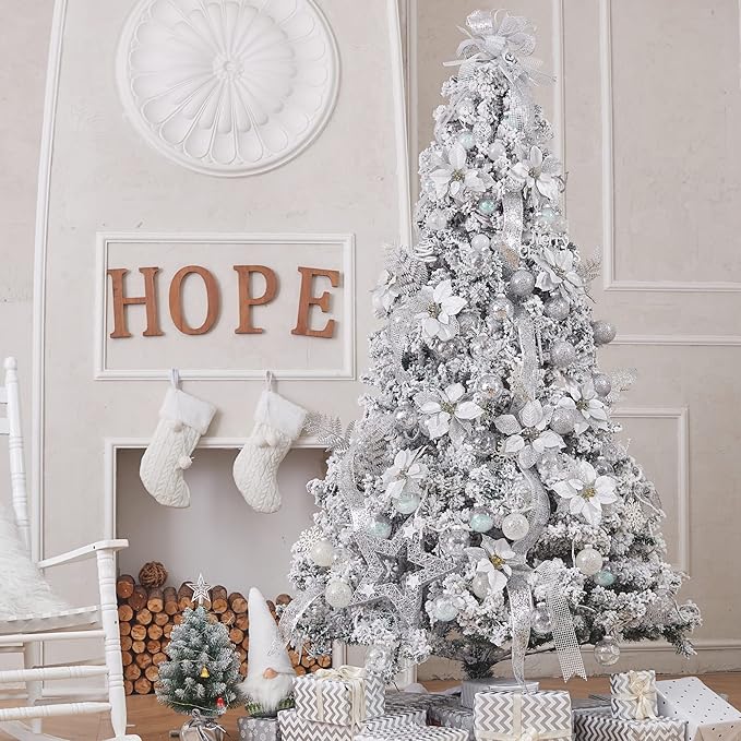 XmasExp 32ct Christmas Ball Ornaments Set -White Clear Plastic Shatterproof Xmas Tree Ball Decorations Hanging Baubles for Holiday Decor