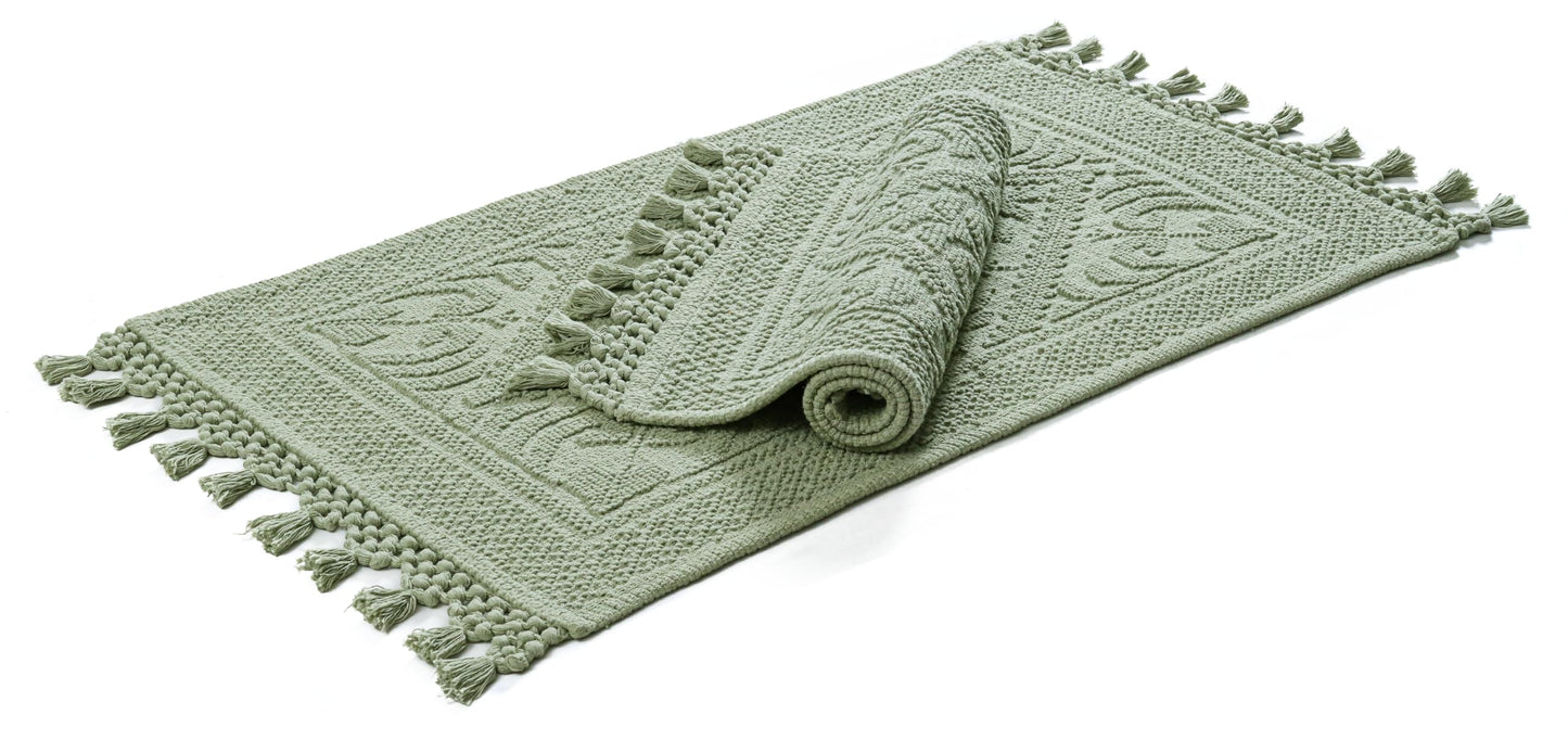 Savi Home Cotton Woven Jacquard Bathroom Rug Set of 2, Woven Fringe Bathroom Mats, 100% Cotton, Non - Slip Bath Mat, Durable Thick Bath Mat 17”x30”+ 20"x38" with Fringes, Sage Green