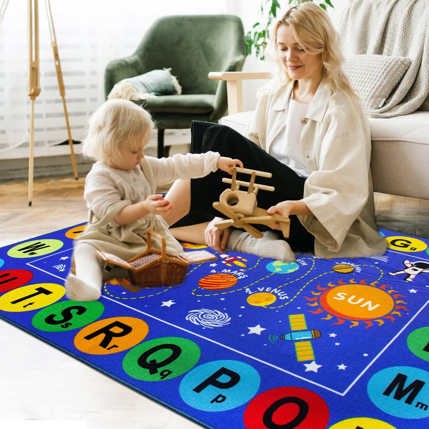 Capslpad ABC Alphabet Kids Rug Outer Space Educational Learning Area Rug 5'0" x 6'6" Non Slip Solar System Galaxy Planets Play Rug Carpet for Children