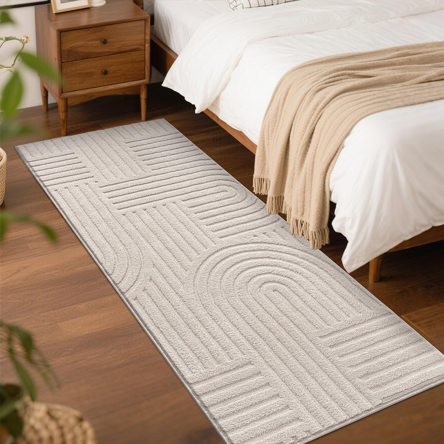 SHACOS Soft Cozy Fluffy Arch Pattern High Low Pile Runner Rugs 2'x6' Non Slip Washable Scandinavian Minimalist Rug Modern Geometric Arc Carpet for Living Room Bedroom Bathroom, Beige