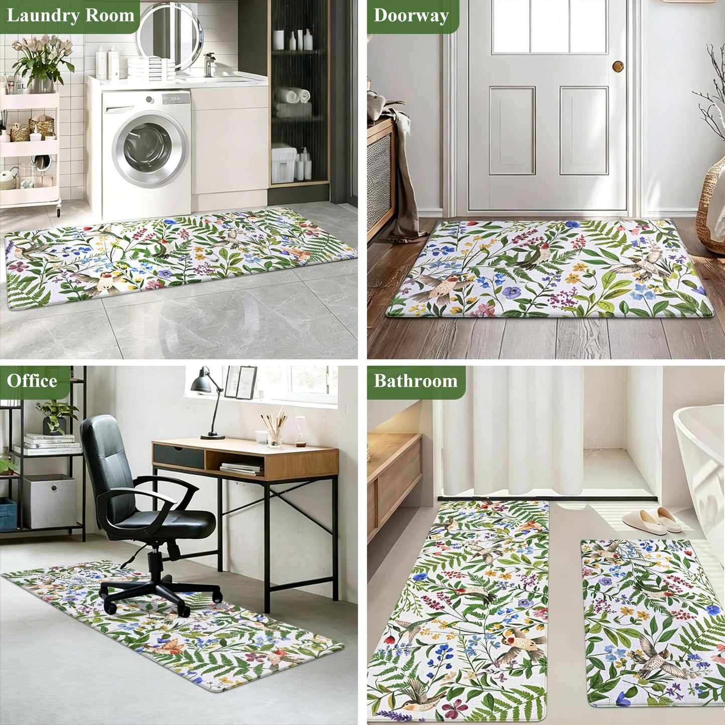 Yinhua White Kitchen Mats for Floor Sets of 2, Floral Anti Fatigue Mats for Kitchen Floor Rug Cushioned, Farmhouse Kitchen Rugs Non Slip, Bird Waterproof Mat for Laundry Office, 17.3"×30"+17.3"×47"