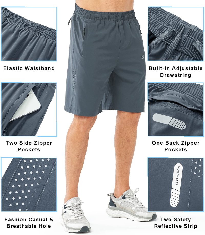 NORTHYARD Men's Athletic Running Shorts Gym Workout 7"/9"/5" Quick Dry Lightweight Sports Basketball Tennis 3 Zipper Pockets COOLGREY-9inch XL