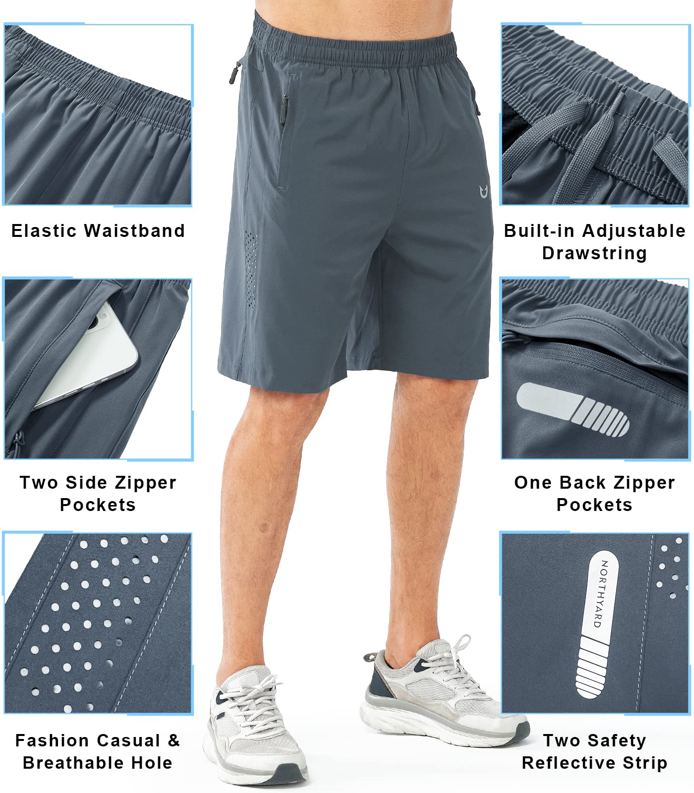 NORTHYARD Men's Athletic Running Shorts Gym Workout 7"/9"/5" Quick Dry Lightweight Sports Basketball Tennis 3 Zipper Pockets COOLGREY-9inch M