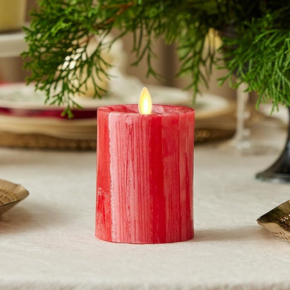 Luminara Selenite Looking Flameless Candle, Holiday Red 3" x 4.5", Battery Operated Real Wax Moving Flame LED Pillar w/Timer, Home Decor Unscented
