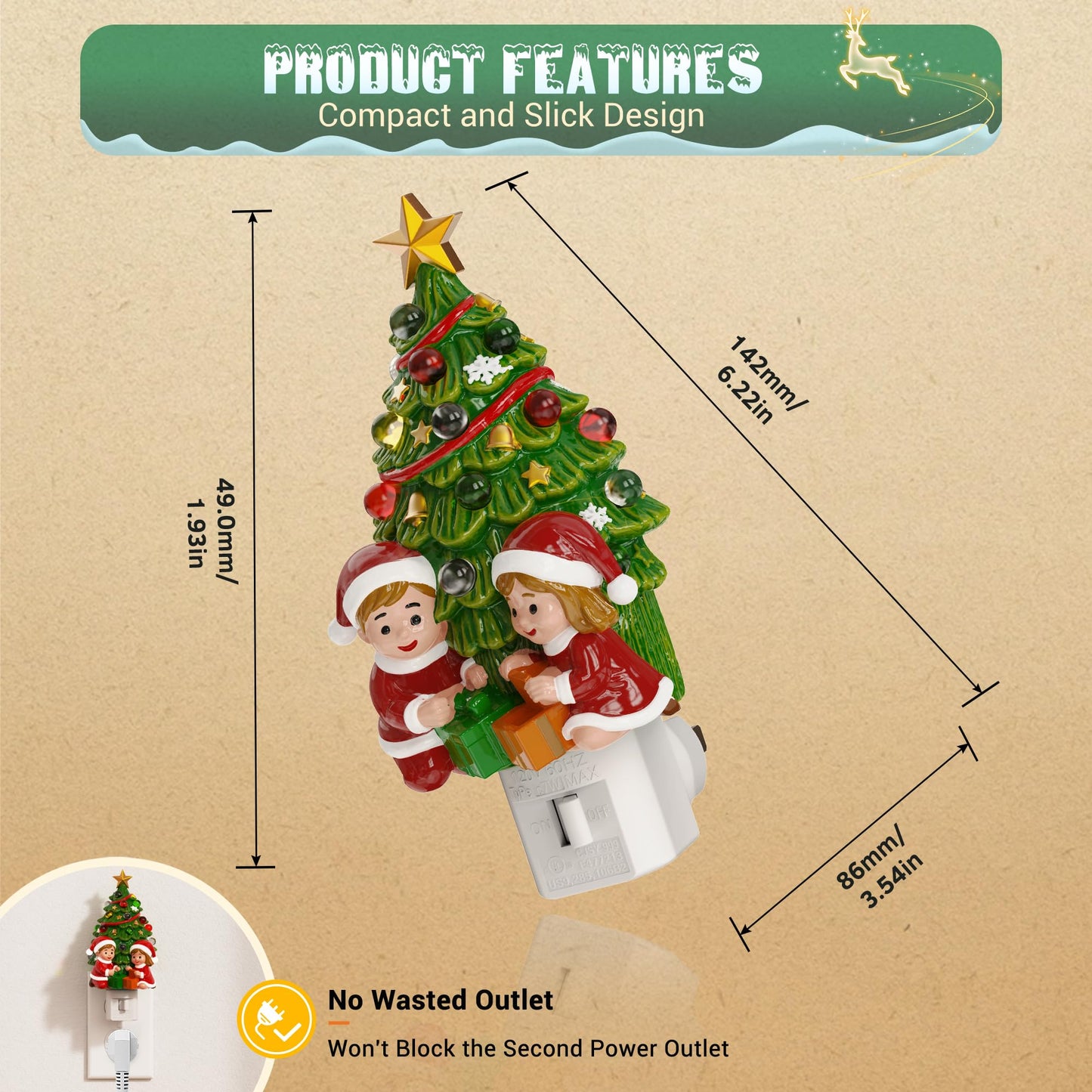 JandCase Christmas Tree & Santa Claus Night Light, 3000K Night Lights Plug into Wall,Cute & Funny Ceramics Christmas Night Light for Kids, 360° Rotatable for Home Party Decor,1 Pack