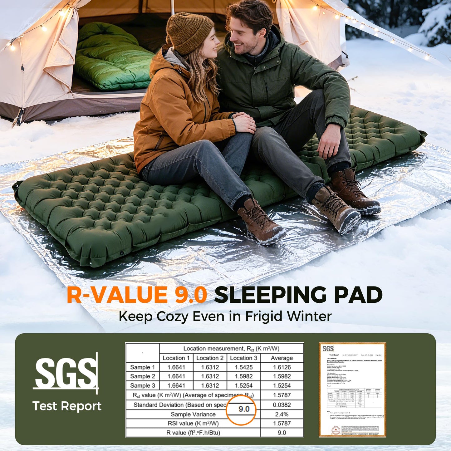 Asrug Camping Insulated Sleeping Pad with 9.0 R-Value for All Season Portable 4" Thick Camping Mattress Pad for Outdoor Hiking Tent Ultralight Backpacking Inflatable Sleeping Mat(Green)