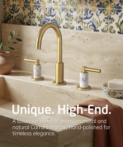 KES Natural Italian Carrara Marble Brushed Gold Bathroom Faucet 3 Hole with All Metal Pop Up Sink Drain, 8 Inch Widespread Bathroom Sink Faucet for Vanity, 360° Swivel Spout, 18/8 Stainless Steel