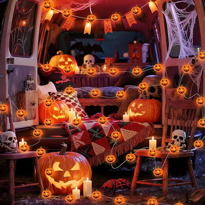 Halloween Pumpkin String Lights, 16 ft 50 LED Orange Battery Operated Lights for Lawns Garden Outdoor Holiday Party Decorations (2 Pack)