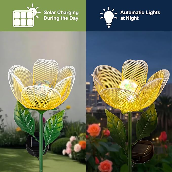 Flower Solar Lights for Outside,2 Pack Metal Flower Solar Lights for Outside,Tulip Solar Powered Garden Light Outdoor Decor,Housewarming Ornament for Patio, Lawn, Yard, Pathway (Breathing Light)
