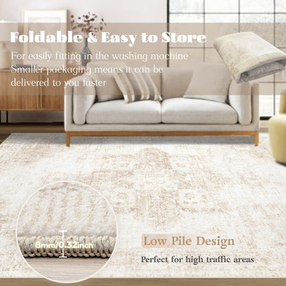 VECARF Area Rug 8x10 Washable Rug, Vintage Boho Medallion Rugs Non-Slip Soft Low Pile Large Distressed Rug Indoor Retro Carpet for Living Room Bedroom Dining Room Office Children's Room(Beige, 8'x10')