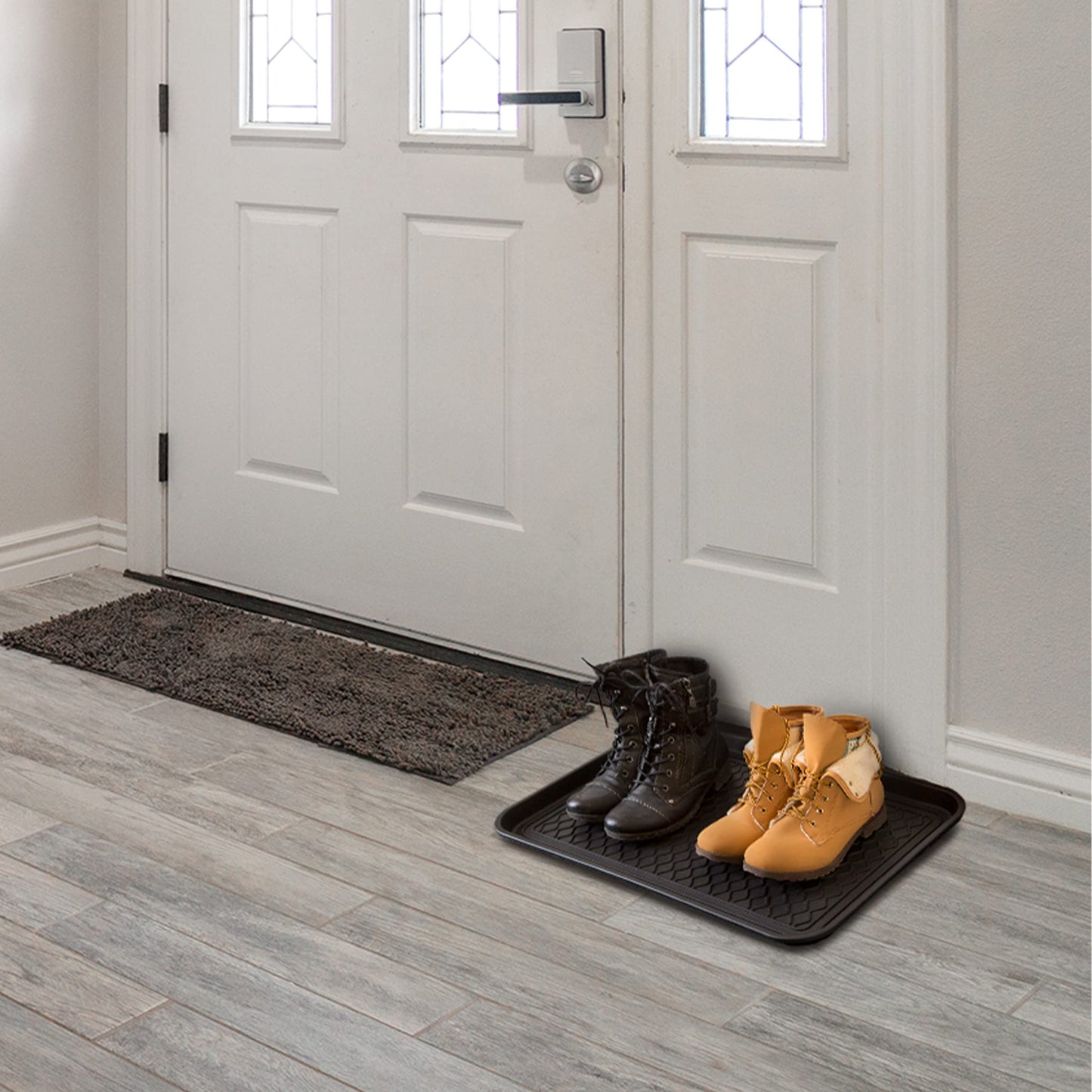 All-Weather Indoor/Outdoor Mat for Boots - Weather-Resistant Hard Plastic Shoe and Boot Tray with Raised Edge by Stalwart (Black, MEDIUM)