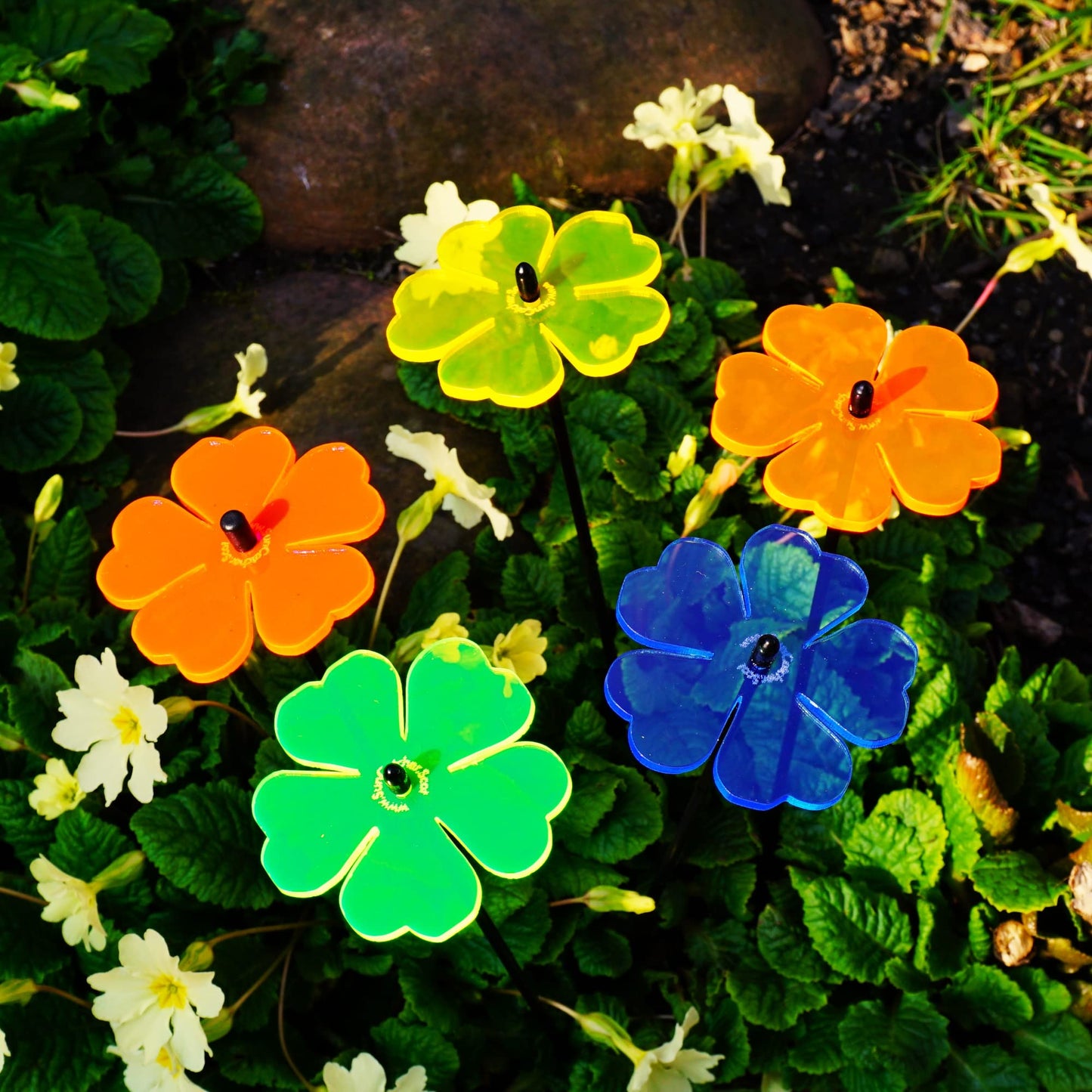 Sun Catcher Garden Decor Glowing Double Blossoms Ornaments Set of 5 Garden Stakes 25cm/9.8 inches high Indoor Outdoor Yard Gardeners Gift, Colour:Mixed Colours