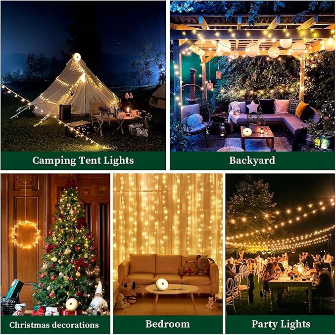 Camping String Lights 33ft, 4 in 1 Rechargeable 100 LED Outdoor Tent String Lights with 14 Lighting Modes Remote Control Waterproof with Timer Function for Camping Gear Essentials Hiking Yard Garden