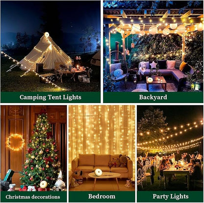 Camping String Lights 33ft, 4 in 1 Rechargeable 100 LED Outdoor Tent String Lights with 14 Lighting Modes Remote Control Waterproof with Timer Function for Camping Gear Essentials Hiking Yard Garden