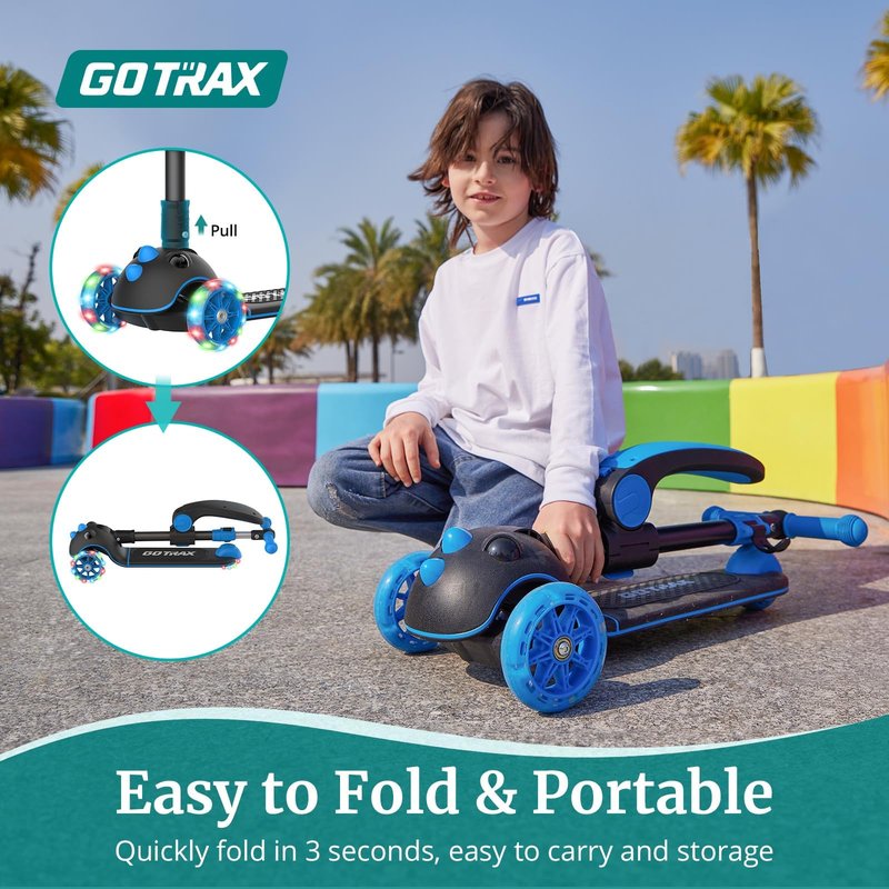 Gotrax KS3 Pro Kick Scooter for Kids, One Key Removable Seat & 3 Extra Wide PU Light-Up Wheels and Anti-Slip Deck, Adjustable Height Handlebar and Lean-to-Steer, Foldable Scooter for Children Aged 2-8