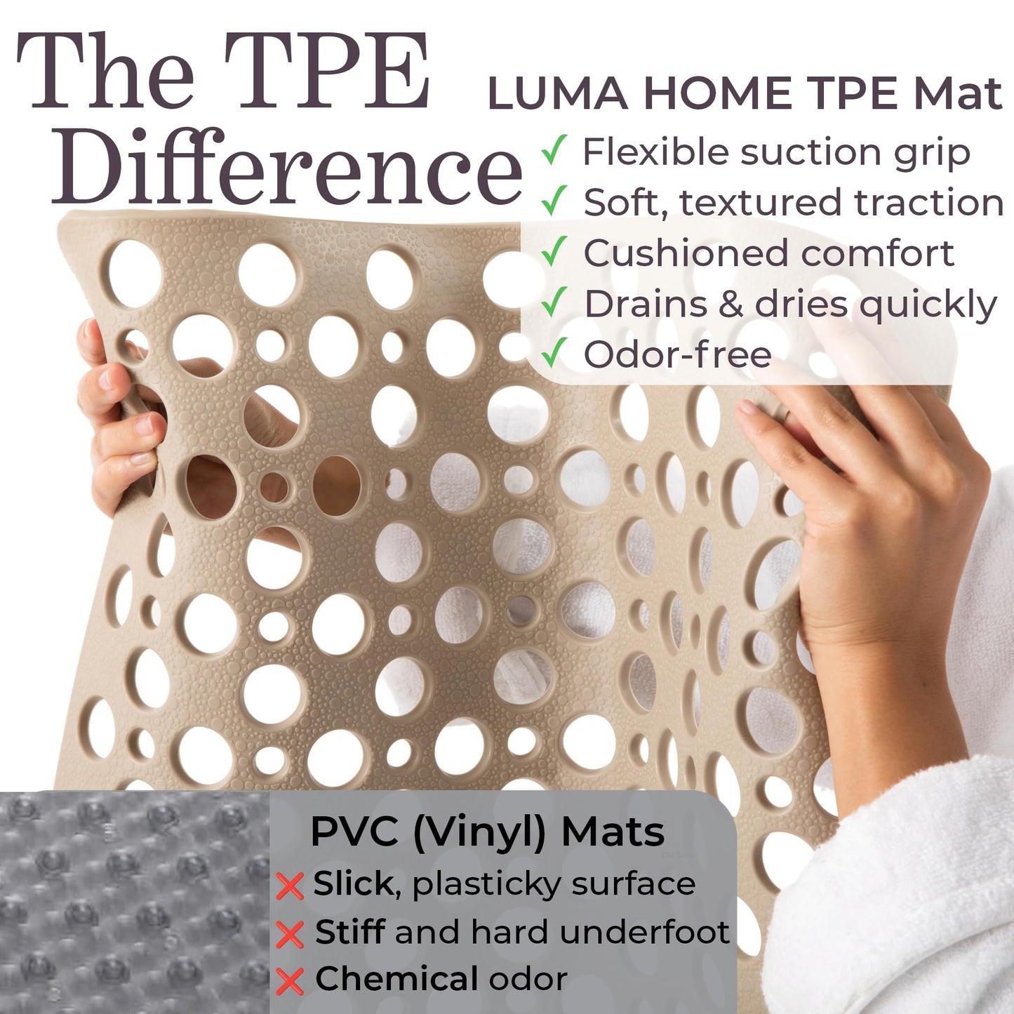LUMA HOME Non Slip Shower Mat for Bathtub, Beige TPE Bath Mat with Strong Suction Cups, Quick-Dry Drain Holes, Soft Textured Surface, Spa-Inspired, 30x17 Inch