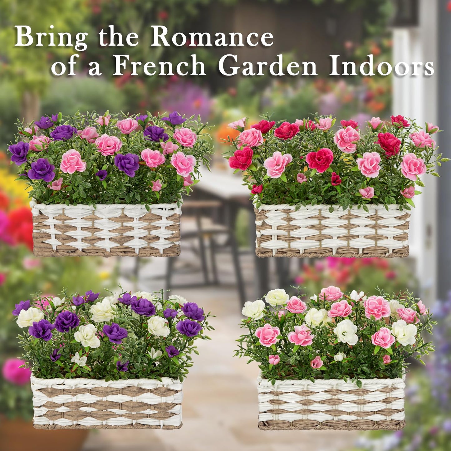 Artificial Rose Flowers with Woven Basket, Faux Roses in Fake Rattan Planter for Table Centerpiece, Romantic Floral Arrangement for Home Bathroom Office Desk Spring & Rustic Decor, Cream White Purple