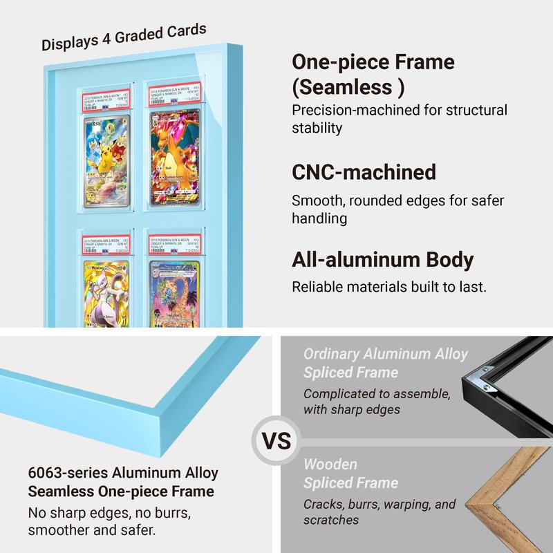 Glacier Blue 9-Card Display Case, Seamless Aluminum Frame with Tempered Glass for Graded Cards, Baseball Football Basketball Sports Card & TCG, Wall Mount Trading Card Frame, Includes 9 Shell Holders