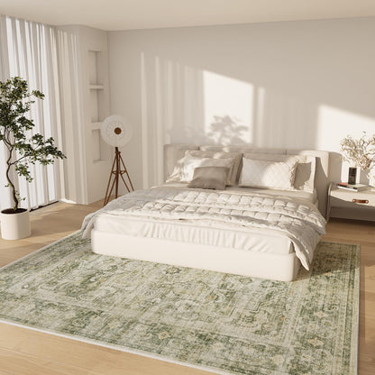 Area Rugs 9x12 Living Room: Washable Bedroom Rug Non Slip Low Pile Soft Faux Wool Non Shedding Distressed Vintage Boho Large Carpet for Dining Room Under Table Kitchen Nursery Entryway Office Indoor