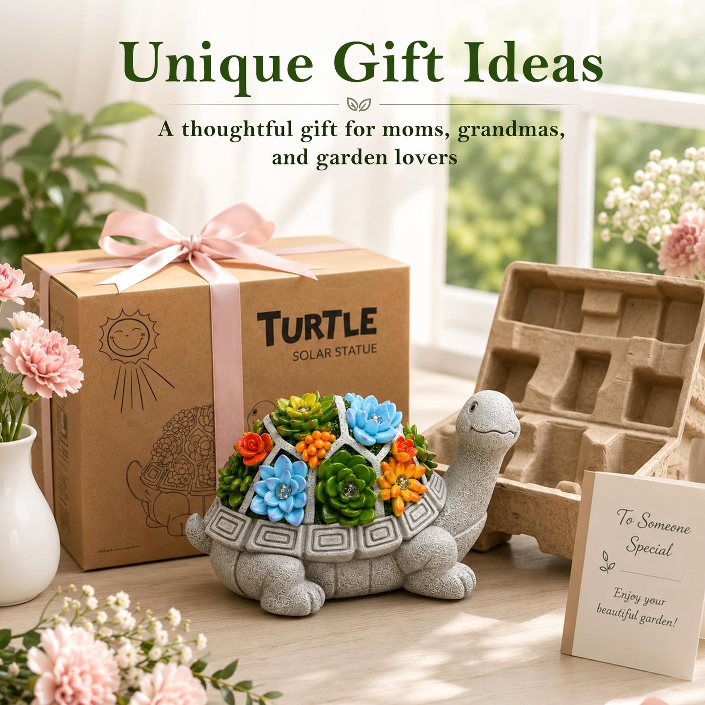 Nacome Solar Garden Outdoor Statues Turtle with Succulent and 7 LED Lights - Lawn Decor Statue for Patio, Balcony, Yard Ornament - Gifts for Mom Grandma Women