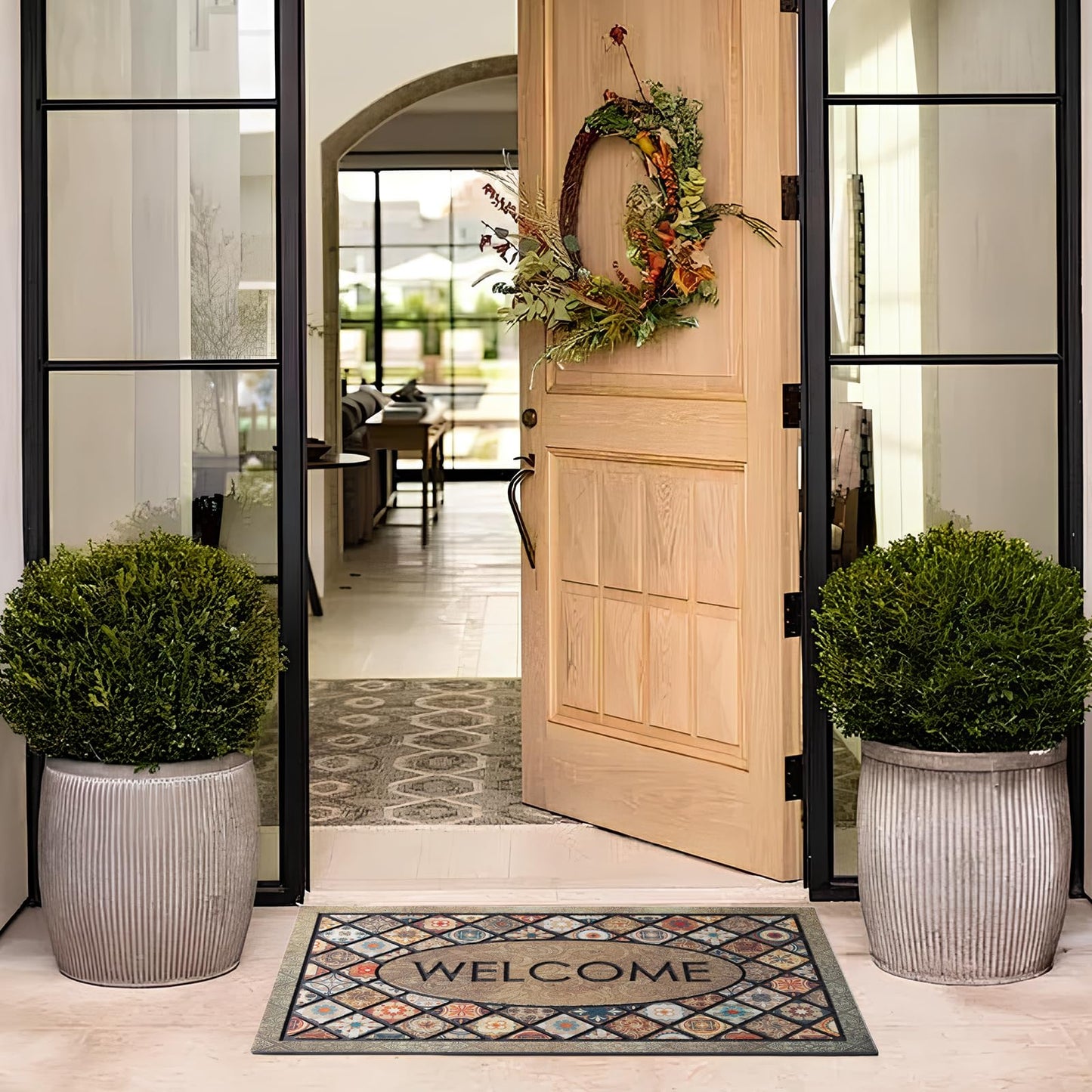DWKKX Durable Welcome Door Mats 24”x36” Large Front Door Mat Heavy Duty Outdoor Mat for Home Entrance Non-Slip Rubber Outside Door Mat Entryway Floor Mats，Flower