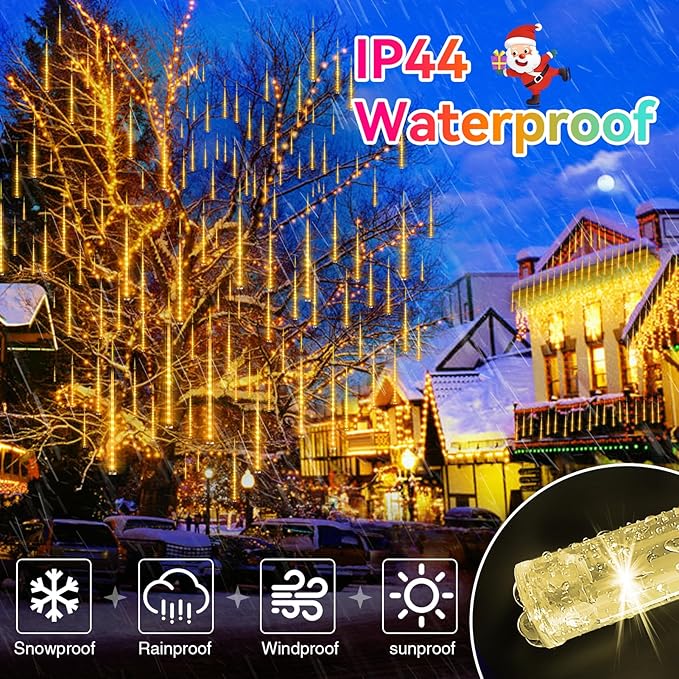 KNONEW Christmas Lights Outdoor, 15 inch 24 Tubes 672 LED Meteor Shower Lights Plug in Waterproof Falling Rain Light for Xmas Tree Wedding Party Garden Holiday Rooftop Decorations (Warm White)