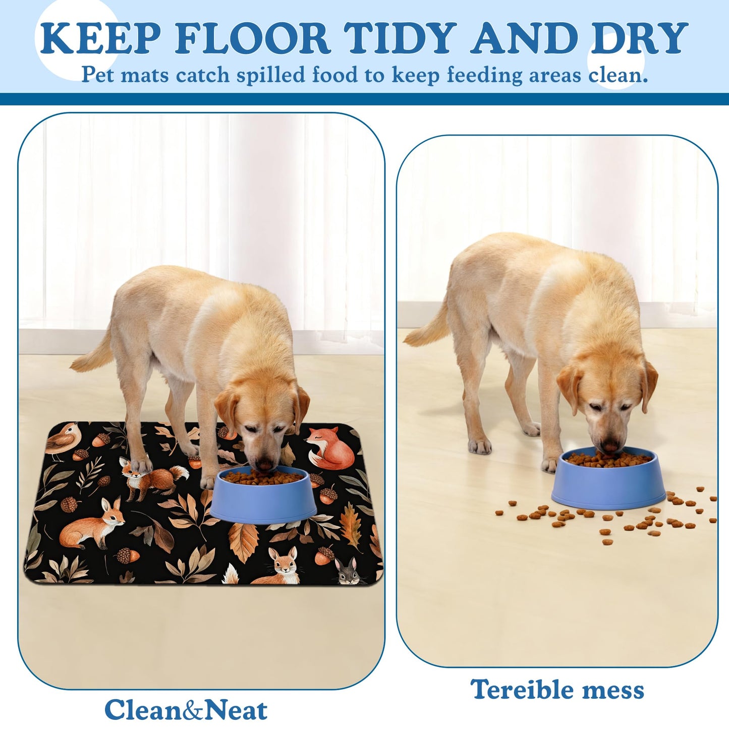 Wild Forest Animals Pet Feeding Mat–Quick Dry Absorbent Dog Cat Food Mat, Non Slip Waterproof Bowl Placemat for Messy Eaters, Pet Accessories for Floors 12"x20"