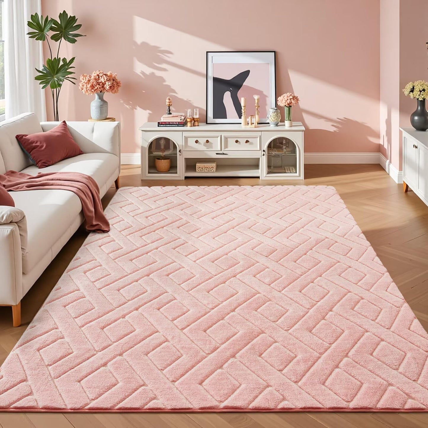 Flagover 4x6 Pink Washable Area Rug for Girls Bedroom, Modern Geometric Shag Non-Slip Living Room Rugs, Fluffy Plush Soft Memory Foam Carpet for Kids Room Nursery Room Dorm Bedside Decor