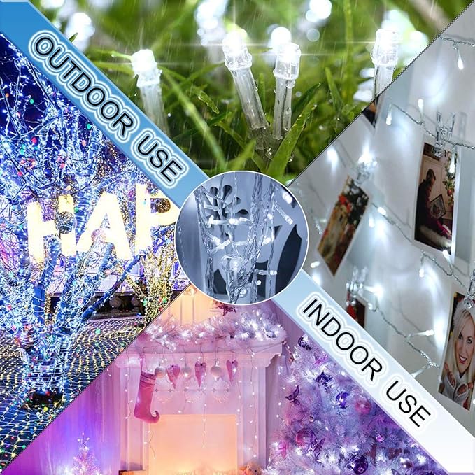 Christmas String Lights - 220 LED 25m/82ft 8 Modes End-to-End Plug in Indoor/Outdoor Waterproof Decorative Fairy Twinkle Lights String for Tree/Wedding/Thanksgiving Day/Patio/Room/Home - Cool White