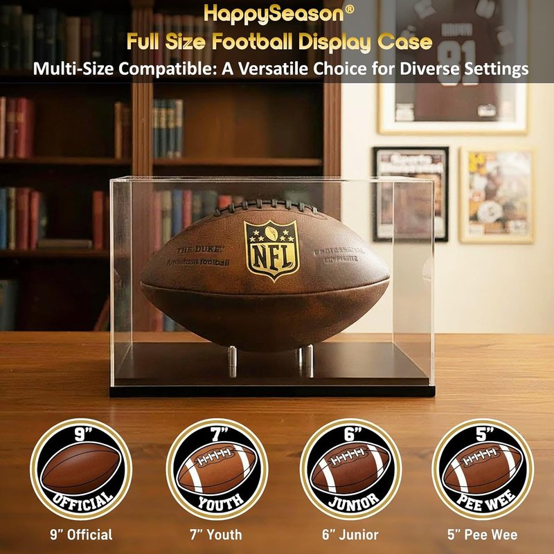 Football Display Case - Clear Acrylic Holder with Walnut Wood Base | Full Size Autograph Stand, No Assembly Required