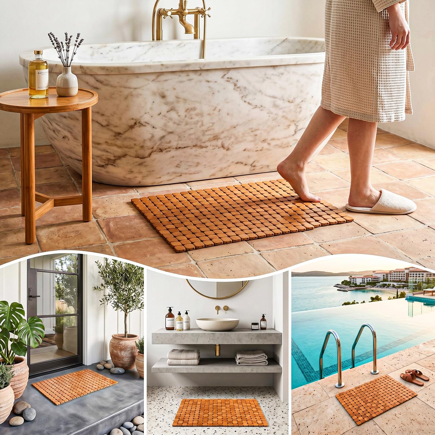 Dicunoy Bamboo Bath Mat, Bathroom Shower Rug, Wooden Toilet Doormats for Shower Doorsteps, Sauna, Tub (23.6" L x 16" W)